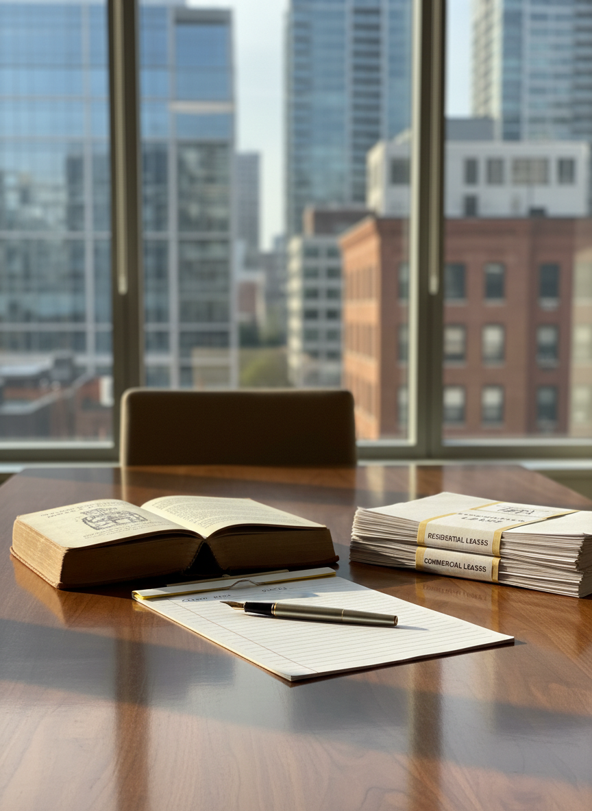 A polished walnut conference table neatly arranged with an open, well-worn real estate law book, a stack of labeled lease agreements, and a sleek, brushed-metal fountain pen resting on a legal pad. In the background, floor-to-ceiling windows reveal a softly blurred cityscape of mixed residential and commercial buildings. Late-afternoon natural light filters through the glass, creating gentle reflections on the table’s surface and subtle shadows around the documents. Shot at eye level with a shallow depth of field that keeps the documents crisp and the skyline softly out of focus. The mood is professional, calm, and trustworthy, with a photographic realism and clean, modern aesthetic that communicates capable legal guidance in real estate and landlord-tenant matters.
